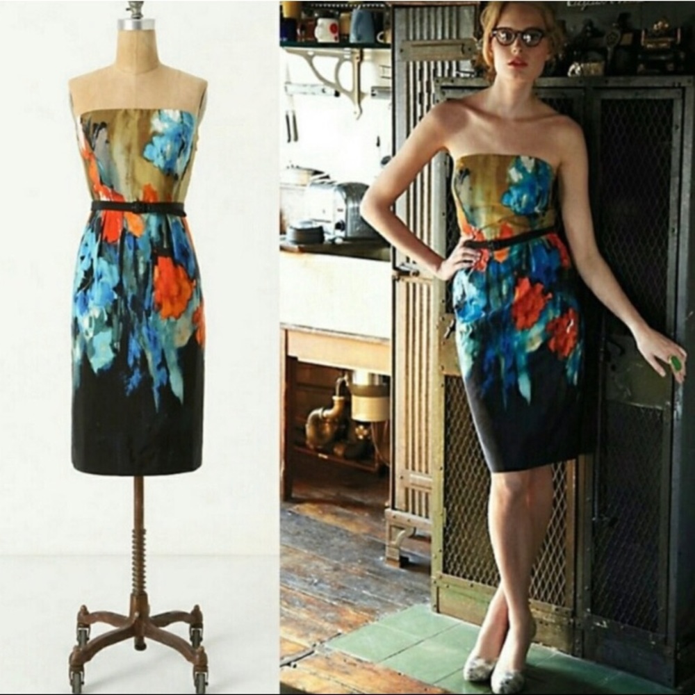 Anthropologie Moulinette Soeurs Strapless Watercolor Print Cocktail Dress - Picture 1 of 10